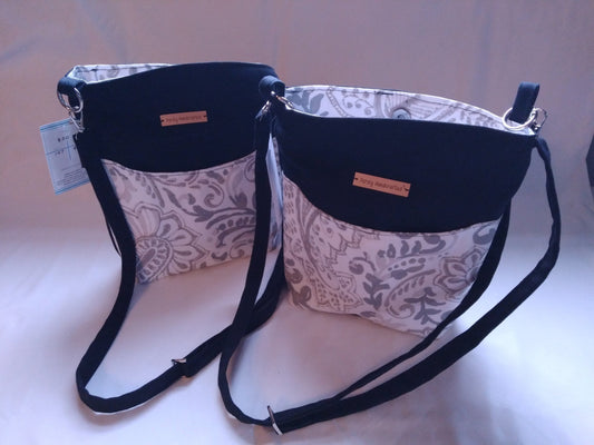 black and gray paisley crossbody purse