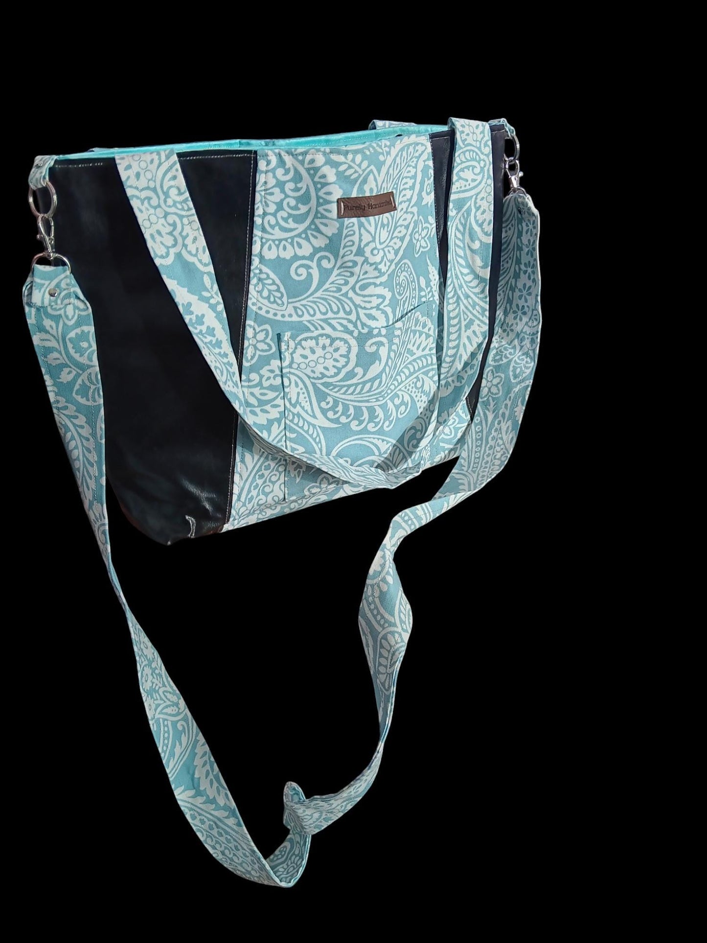Large Black Faux Leather Tote Bag | Teal Handbag with Removable Strap | Stylish Gift for Her