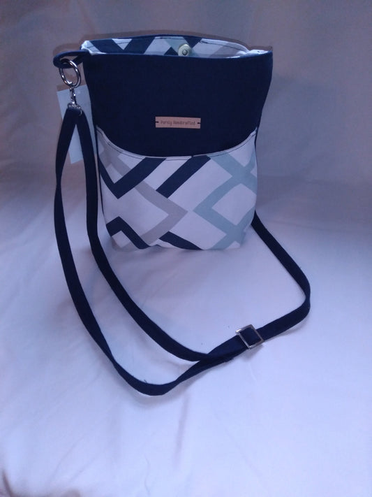 navy blue geometric canvas crossbody bag