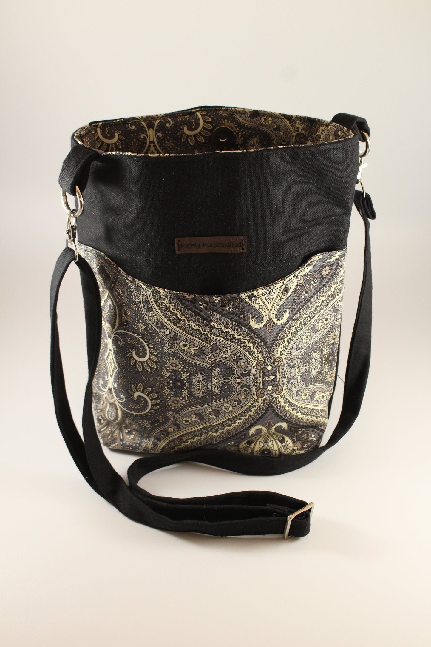 black and dark gray paisley crossbody canvas handbag