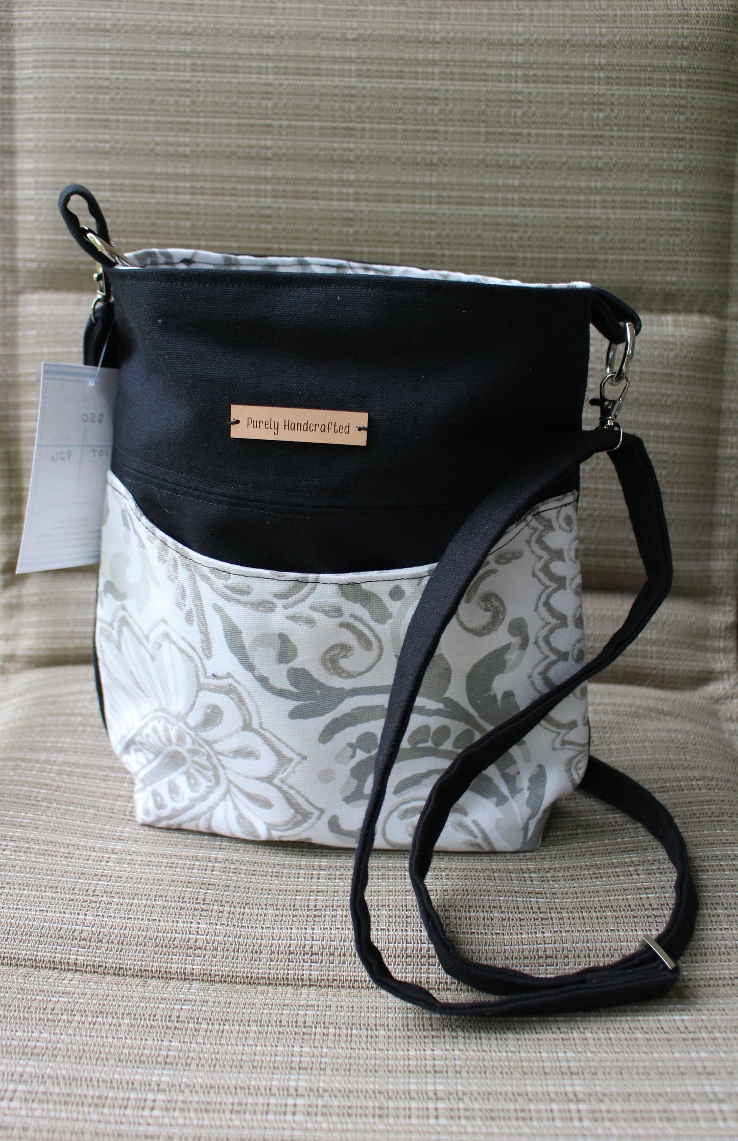 black and gray paisley crossbody purse