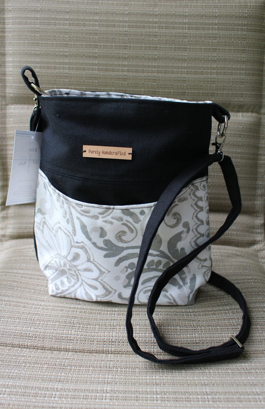 black and gray paisley crossbody purse
