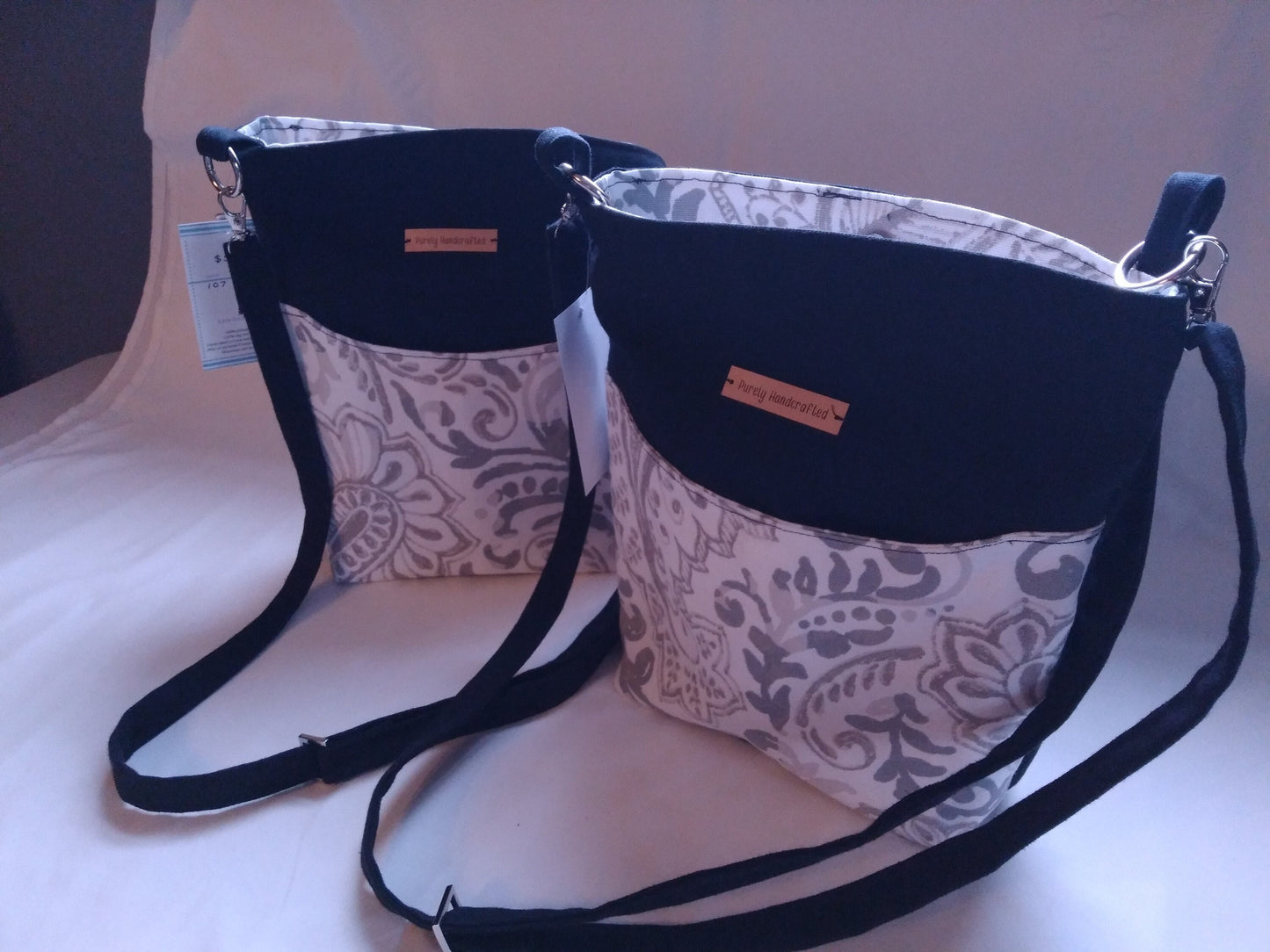 black and gray paisley crossbody purse