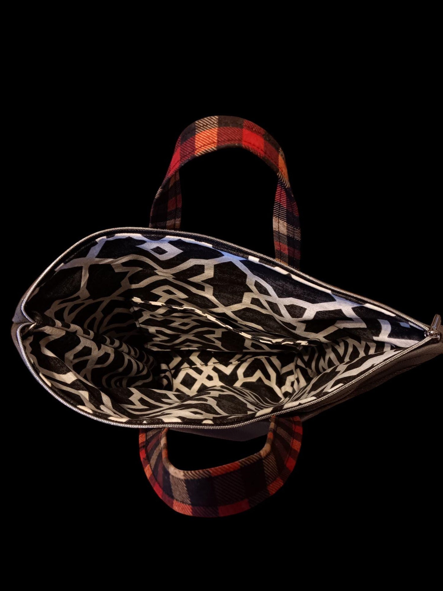 Double Zipper Tote Bag in Gray and Red Plaid, Stylish, Spacious & Versatile Tote for Everyday Use