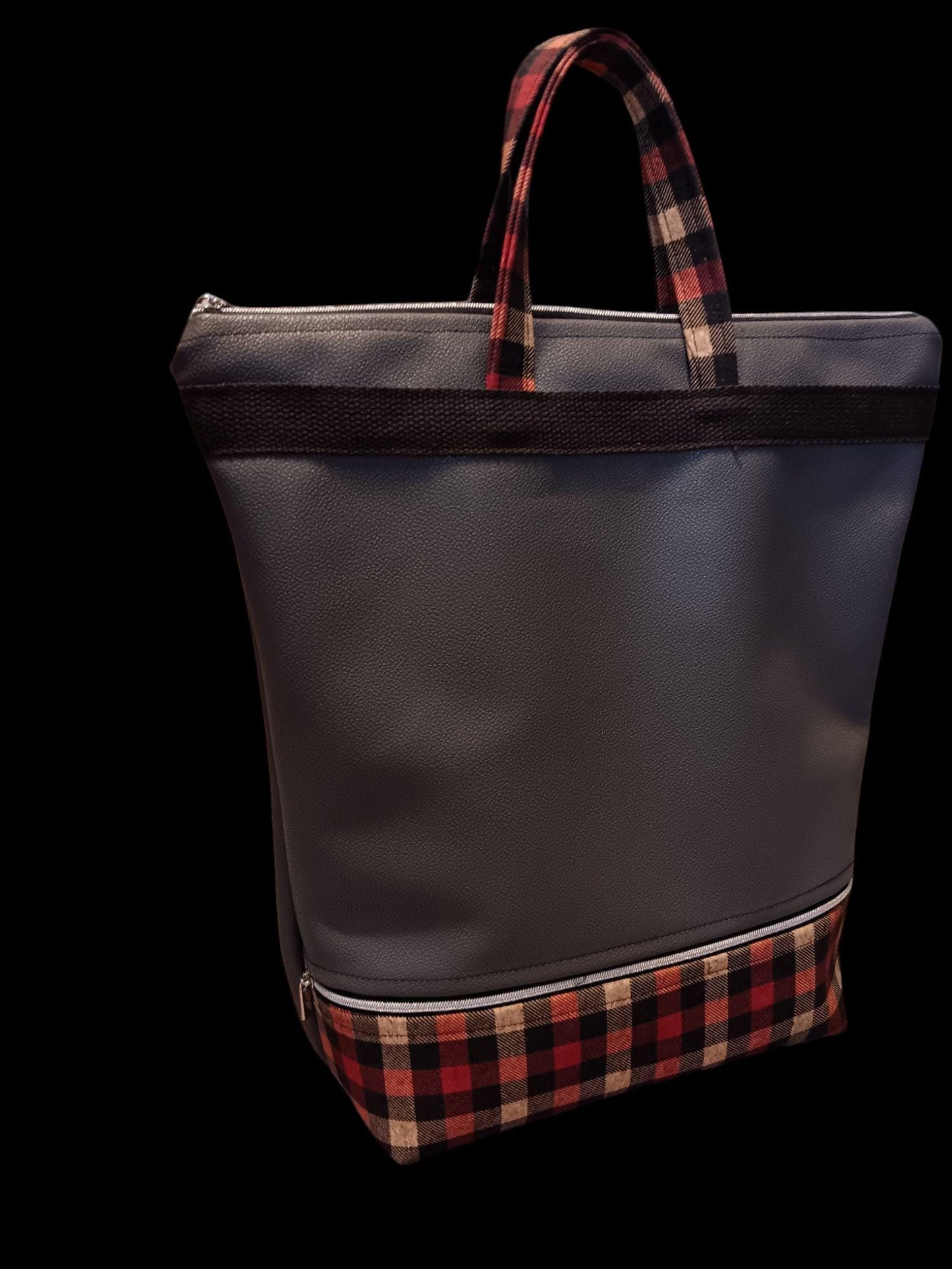 Double Zipper Tote Bag in Gray and Red Plaid, Stylish, Spacious & Versatile Tote for Everyday Use