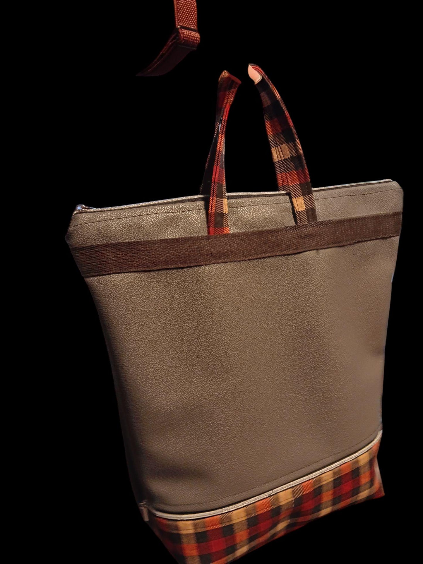 Double Zipper Tote Bag in Gray and Red Plaid, Stylish, Spacious & Versatile Tote for Everyday Use